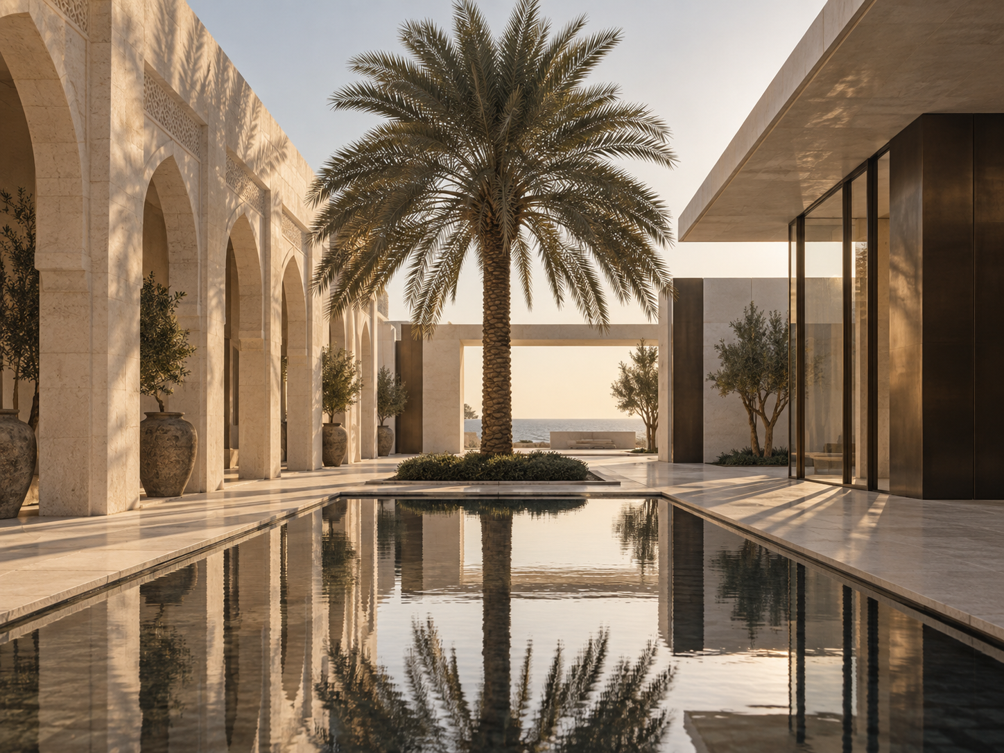 Traditional and contemporary Emirati architecture surrounding a mature date palm